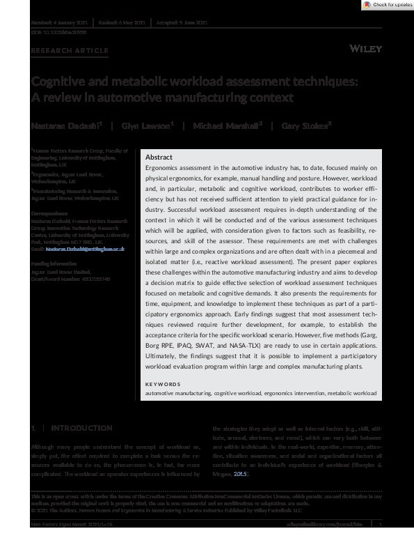 Cognitive and metabolic workload assessment techniques: A review in automotive manufacturing context Thumbnail