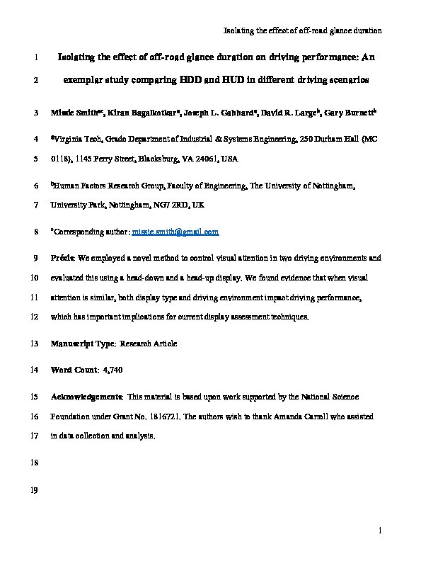 Isolating the Effect of Off-Road Glance Duration on Driving Performance: An Exemplar Study Comparing HDD and HUD in Different Driving Scenarios Thumbnail