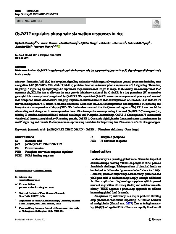 OsJAZ11 regulates phosphate starvation responses in rice Thumbnail
