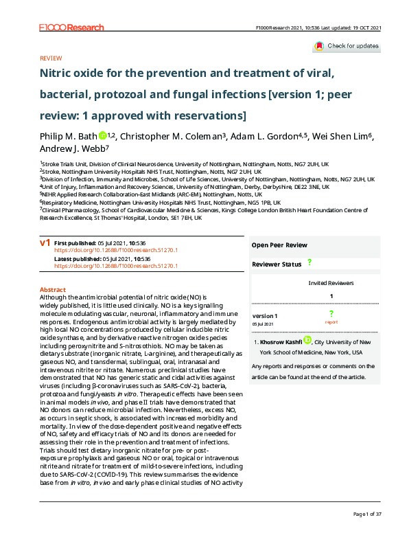 Nitric oxide for the prevention and treatment of viral, bacterial, protozoal and fungal infections [version 1; peer review: 1 approved with reservations] Thumbnail