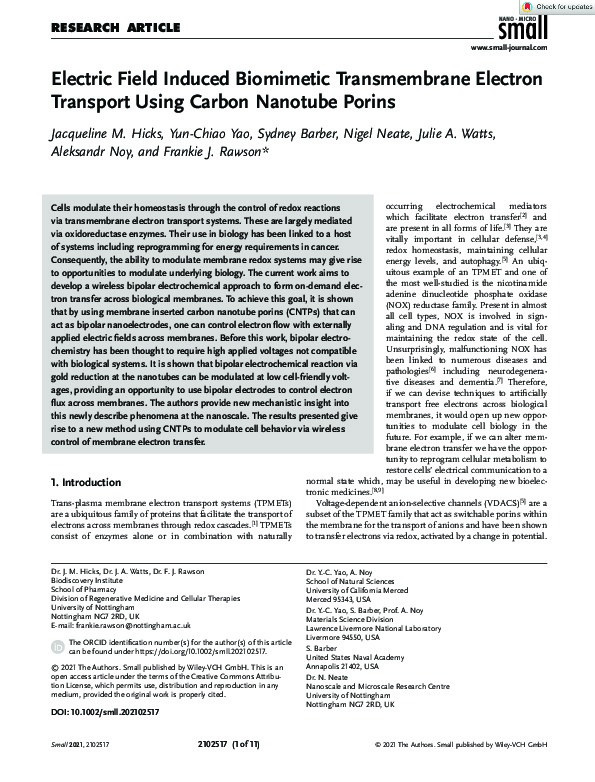 Electric Field Induced Biomimetic Transmembrane Electron Transport Using Carbon Nanotube Porins Thumbnail