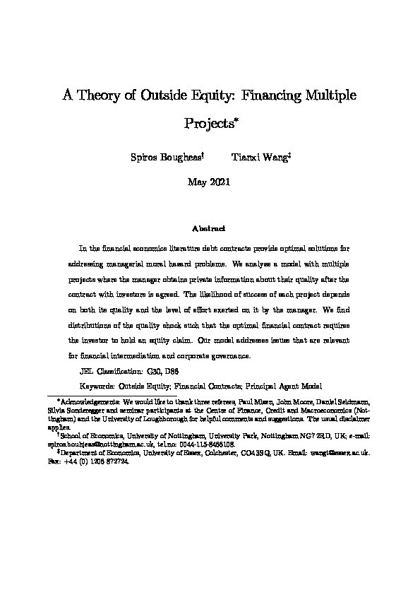 A Theory of Outside Equity: Financing Multiple Projects Thumbnail