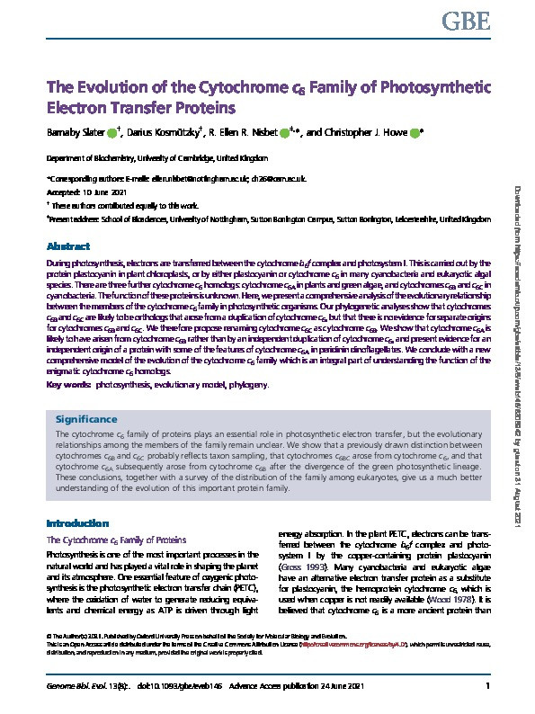 The Evolution of the Cytochrome c6 Family of Photosynthetic Electron Transfer Proteins Thumbnail