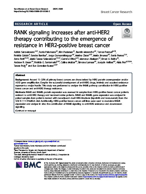 RANK signaling increases after anti-HER2 therapy contributing to the emergence of resistance in HER2-positive breast cancer Thumbnail