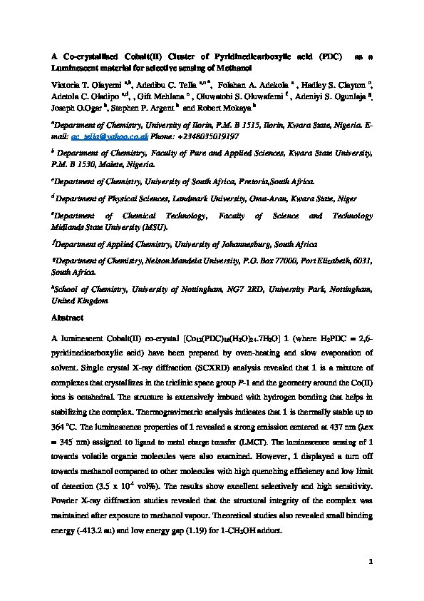 A Co-Crystallised Cobalt(II) Cluster of Pyridinedicarboxylic Acid (PDC) as a Luminescent Material for Selective Sensing of Methanol Thumbnail