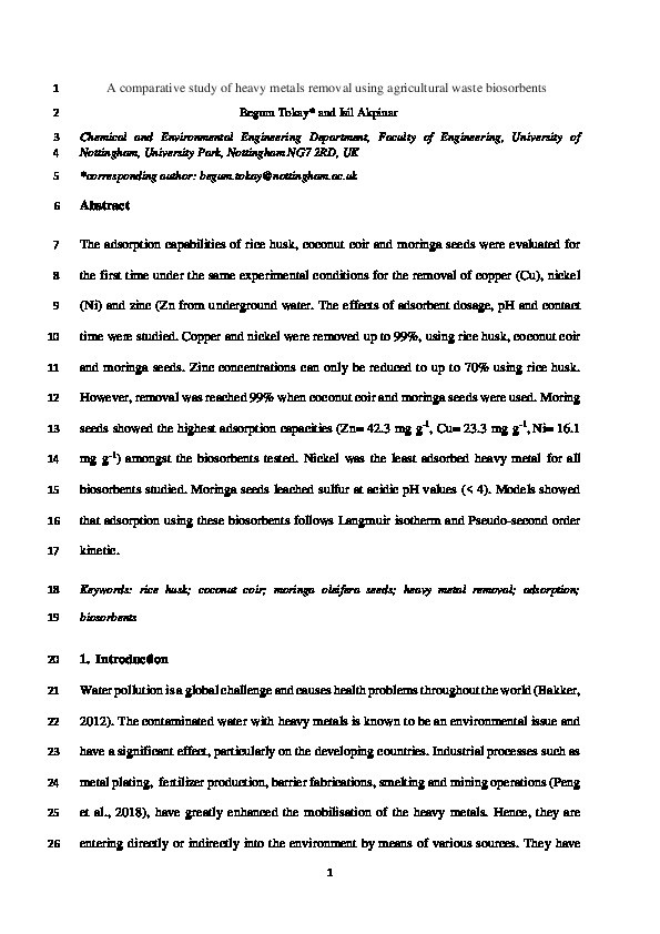 A comparative study of heavy metals removal using agricultural waste biosorbents Thumbnail