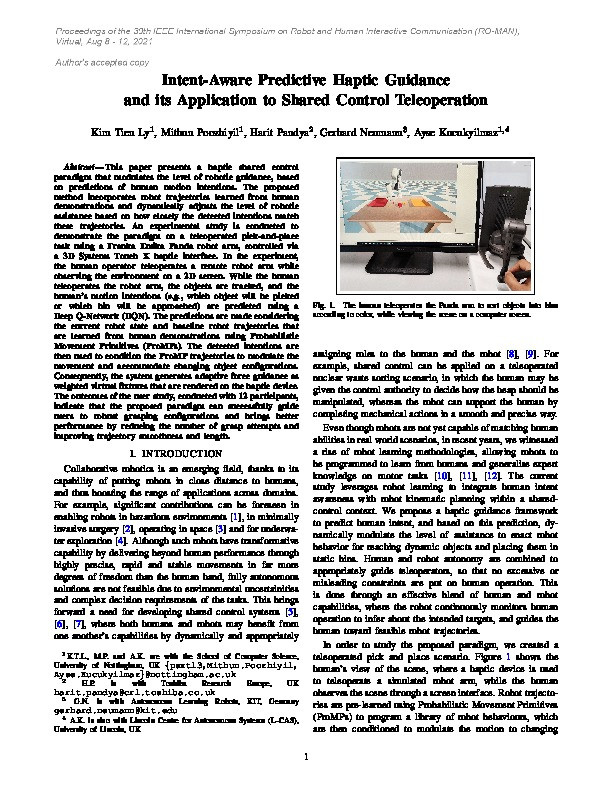 Intent-Aware Predictive Haptic Guidance and its Application to Shared Control Teleoperation Thumbnail