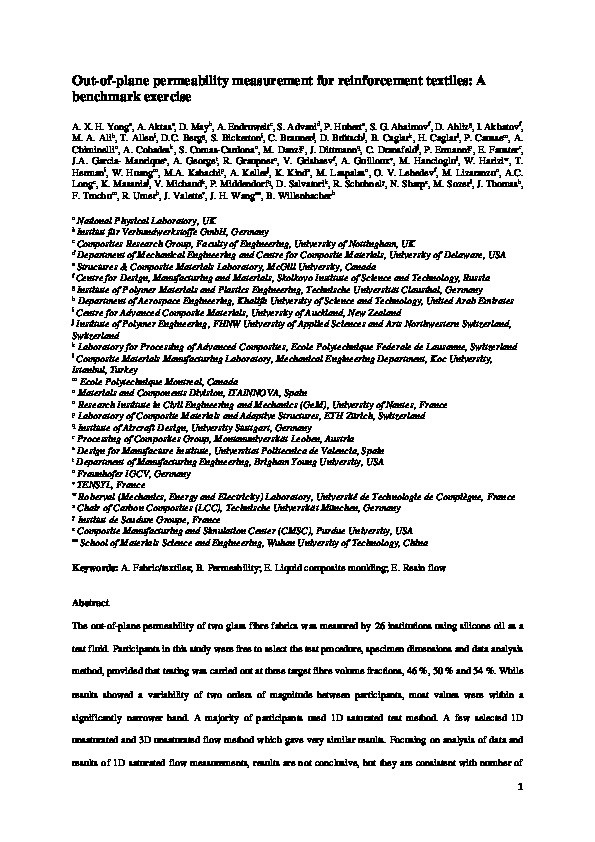 Out-of-plane permeability measurement for reinforcement textiles: A benchmark exercise Thumbnail