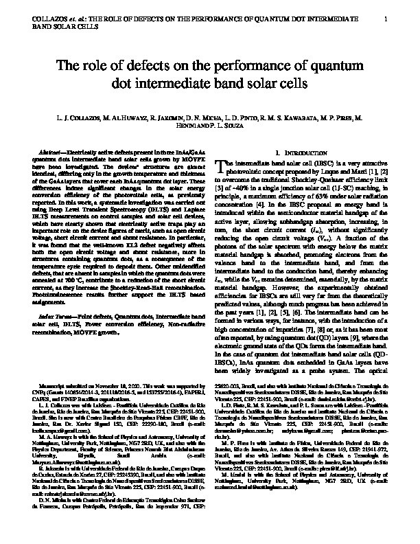 The Role of Defects on the Performance of Quantum Dot Intermediate Band Solar Cells Thumbnail