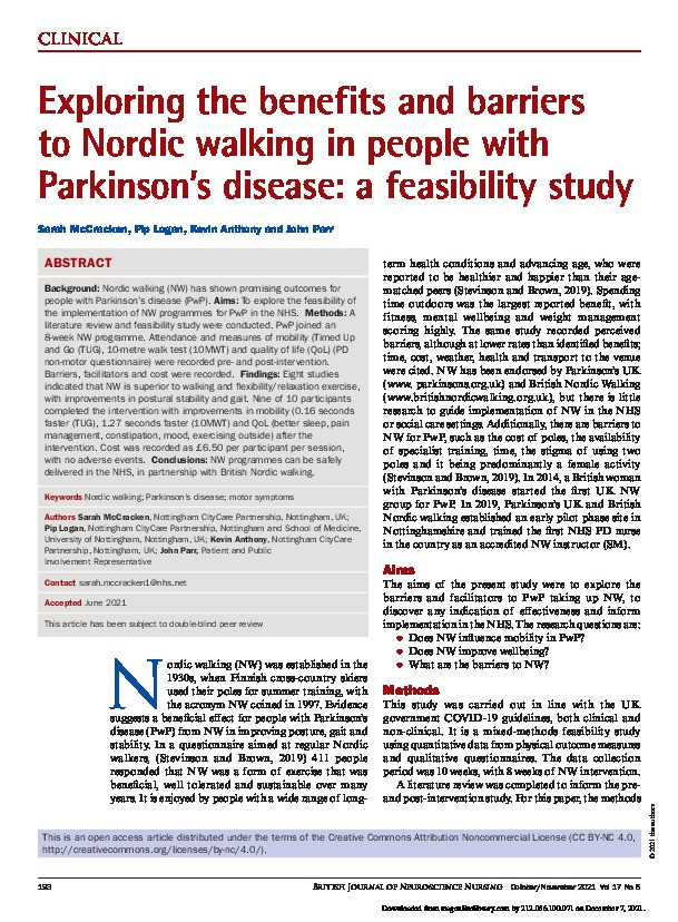 Exploring the benefits and barriers to Nordic walking in people with Parkinson's disease: a feasibility study Thumbnail