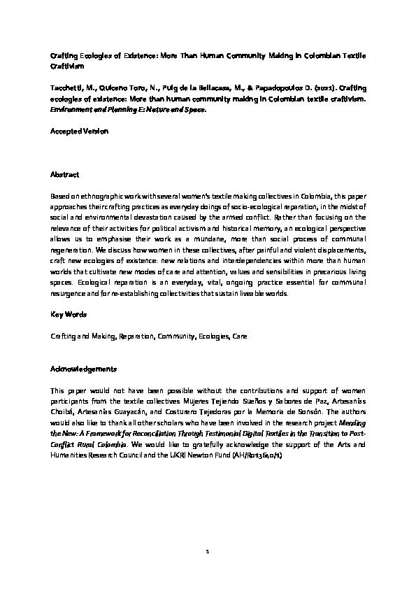 Crafting ecologies of existence: More than human community making in Colombian textile craftivism Thumbnail