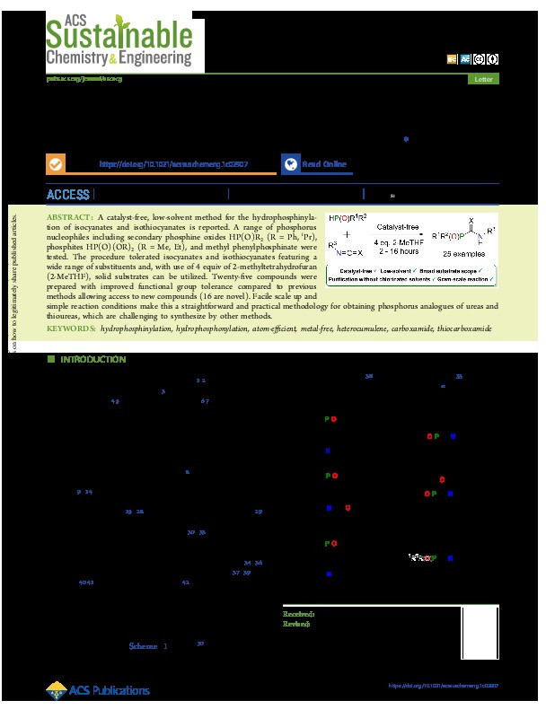 Catalyst-free Hydrophosphinylation of Isocyanates and Isothiocyanates under Low-Added-Solvent Conditions Thumbnail