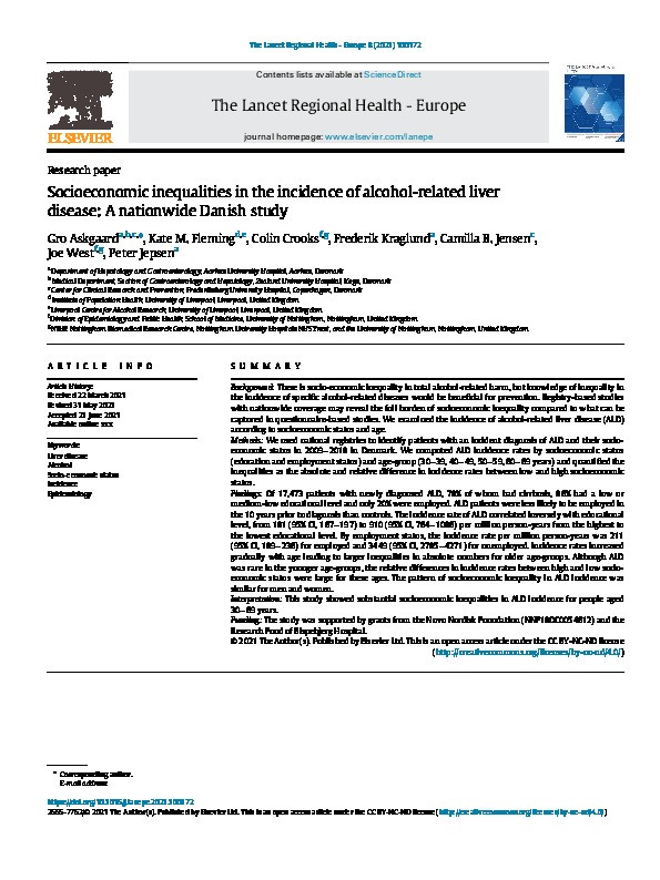 Socioeconomic inequalities in the incidence of alcohol-related liver disease: A nationwide Danish study Thumbnail