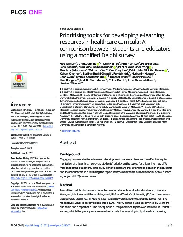 Prioritising topics for developing e-learning resources in healthcare curricula: A comparison between students and educators using a modified Delphi survey Thumbnail
