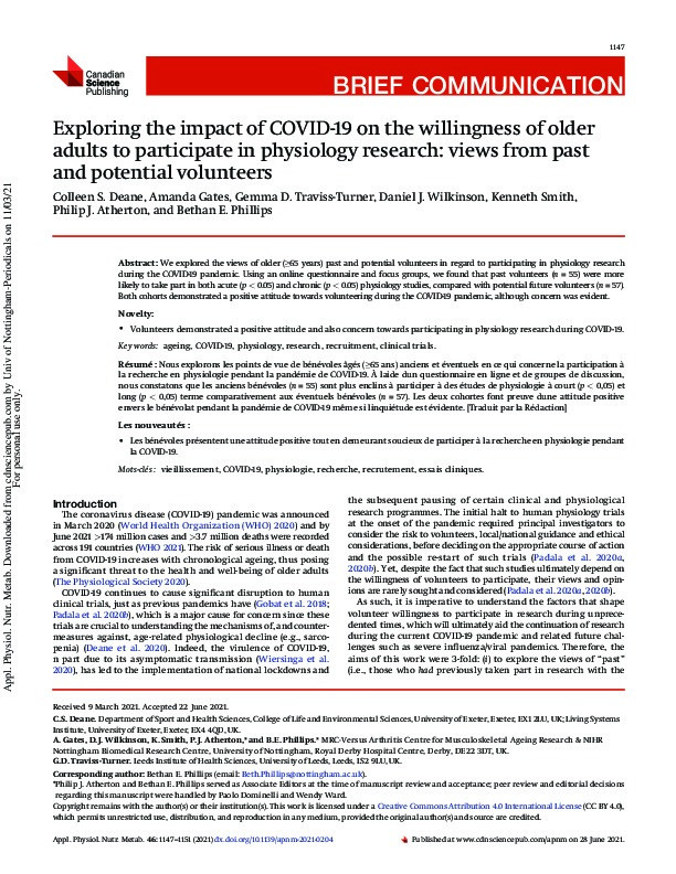 Exploring the impact of COVID-19 on the willingness of older adults to participate in physiology research: views from past and potential volunteers Thumbnail