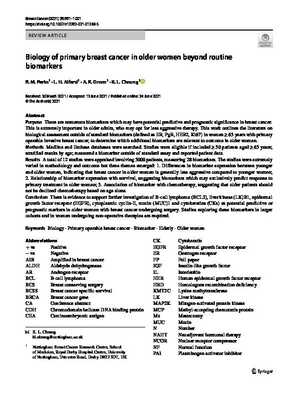 Biology of primary breast cancer in older women beyond routine biomarkers Thumbnail