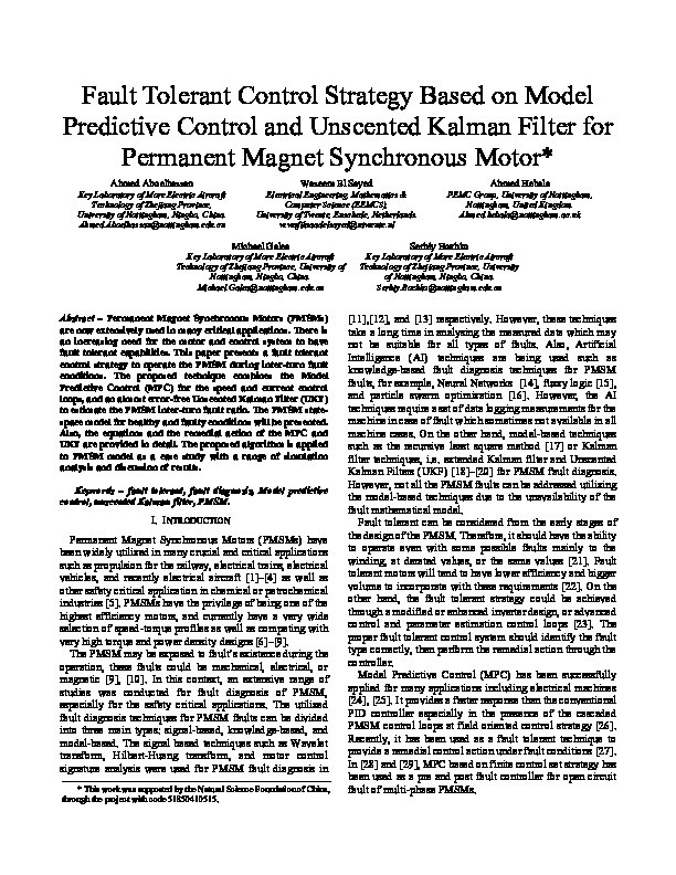 Fault Tolerant Control Strategy Based On Model Predictive Control And Unscented Kalman Filter For Permanent Magnet Synchronous Motor Thumbnail