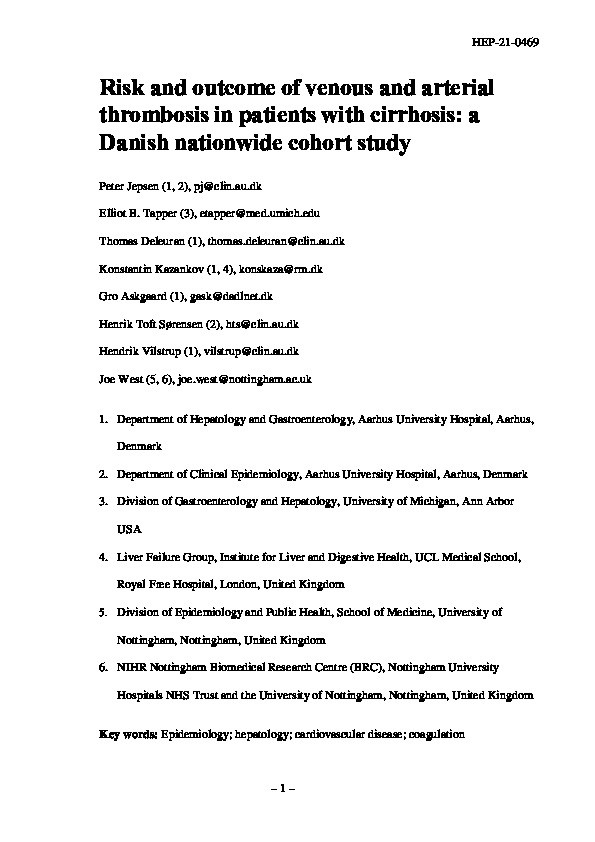 Risk and outcome of venous and arterial thrombosis in patients with cirrhosis: a Danish nationwide cohort study Thumbnail