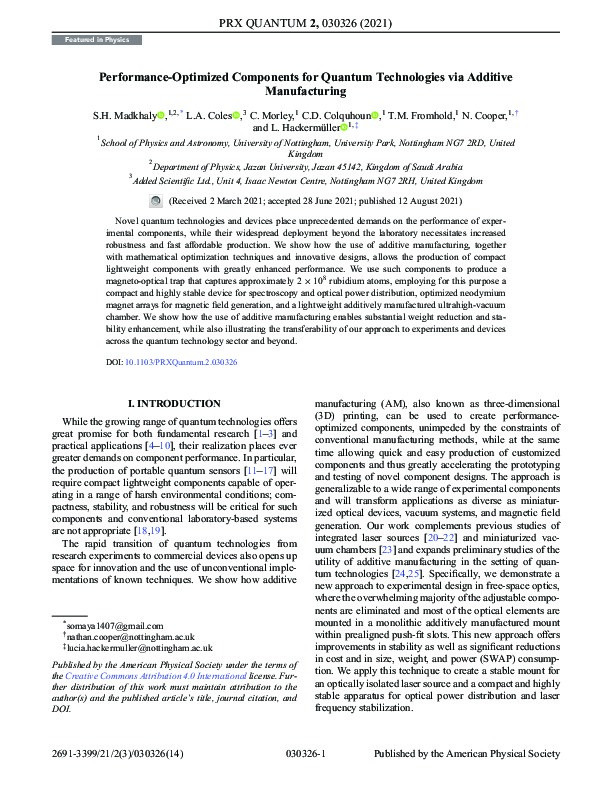 Performance-Optimized Components for Quantum Technologies via Additive Manufacturing Thumbnail