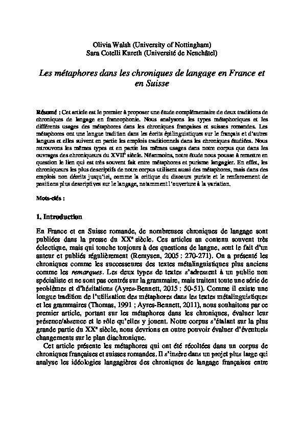 Les métaphores dans les chroniques de langage en France et en Suisse Thumbnail