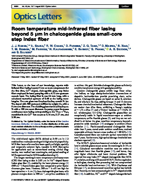 Room temperature mid-infrared fiber lasing beyond 5  µm in chalcogenide glass small-core step index fiber Thumbnail