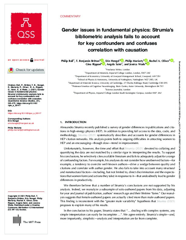 Gender issues in fundamental physics: Strumia’s bibliometric analysis fails to account for key confounders and confuses correlation with causation Thumbnail