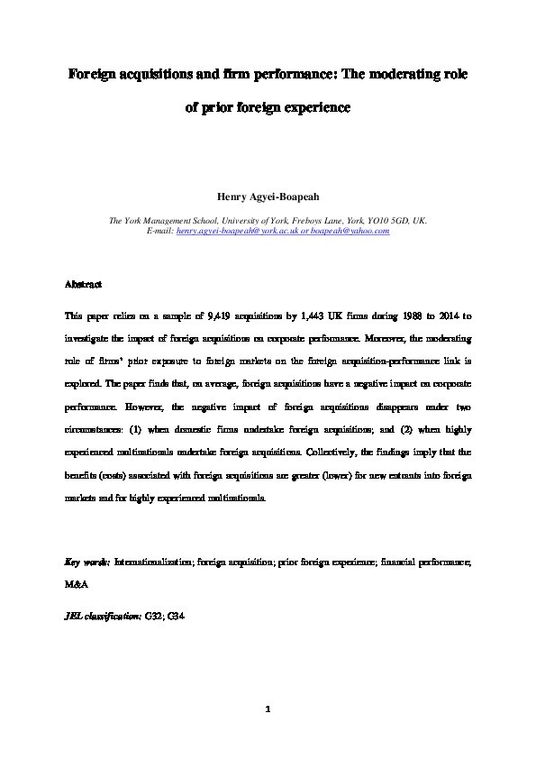 Foreign acquisitions and firm performance: The moderating role of prior foreign experience Thumbnail