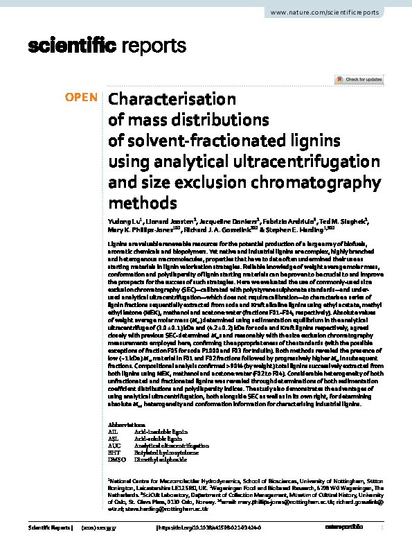 Characterisation of mass distributions of solvent-fractionated lignins using analytical ultracentrifugation and size exclusion chromatography methods Thumbnail