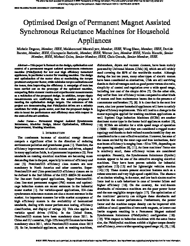 Optimised Design of Permanent Magnet Assisted Synchronous Reluctance Machines for Household Appliances Thumbnail