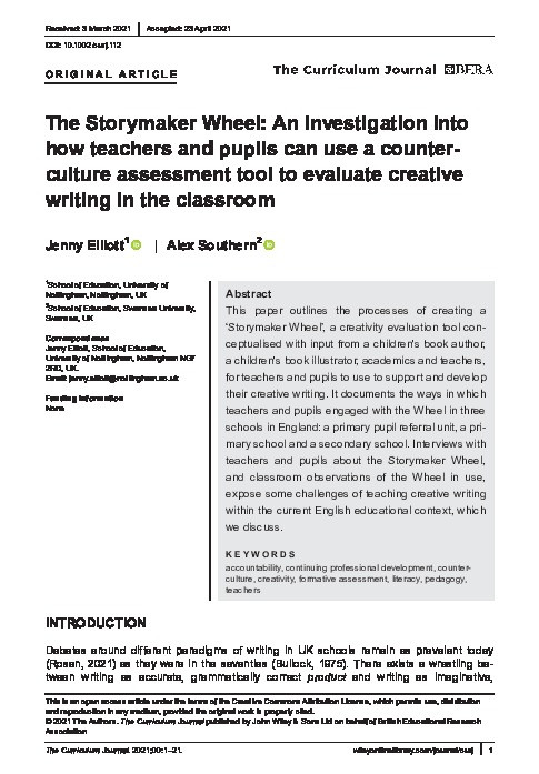 The Storymaker Wheel: An investigation into how teachers and pupils can use a counter‐culture assessment tool to evaluate creative writing in the classroom Thumbnail