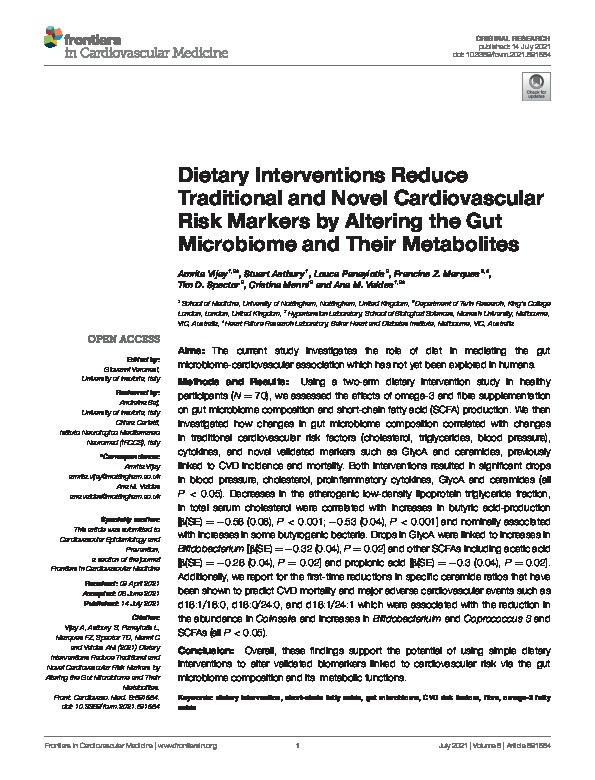 Dietary interventions reduce traditional and novel cardiovascular risk markers by altering the gut microbiome and their metabolites Thumbnail