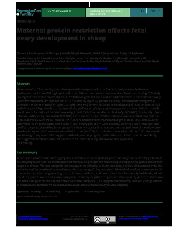 Maternal protein restriction affects fetal ovary development in sheep Thumbnail