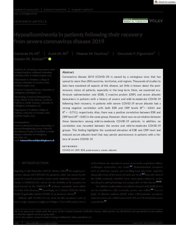 Hypoalbuminemia in patients following their recovery from severe coronavirus disease 2019 Thumbnail