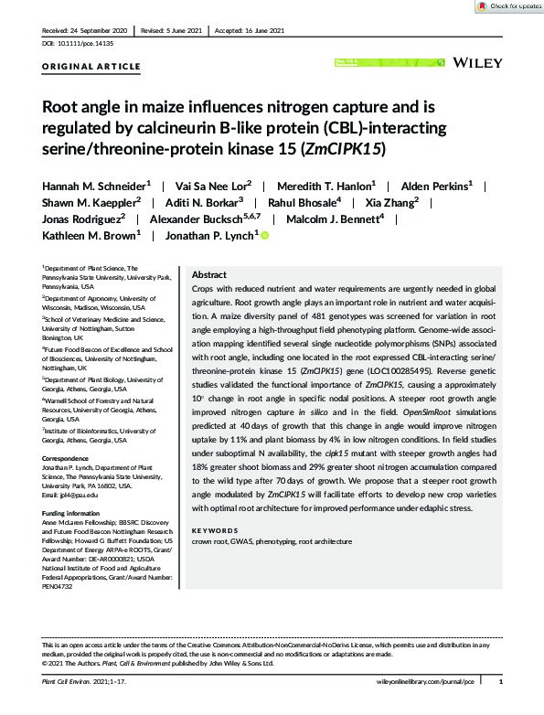 Root angle in maize influences nitrogen capture and is regulated by calcineurin B-like protein (CBL)-interacting serine/threonine-protein kinase 15 (ZmCIPK15) Thumbnail