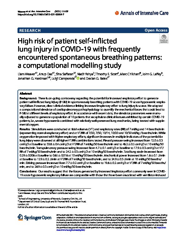 High risk of patient self-inflicted lung injury in COVID-19 with frequently encountered spontaneous breathing patterns: a computational modelling study Thumbnail
