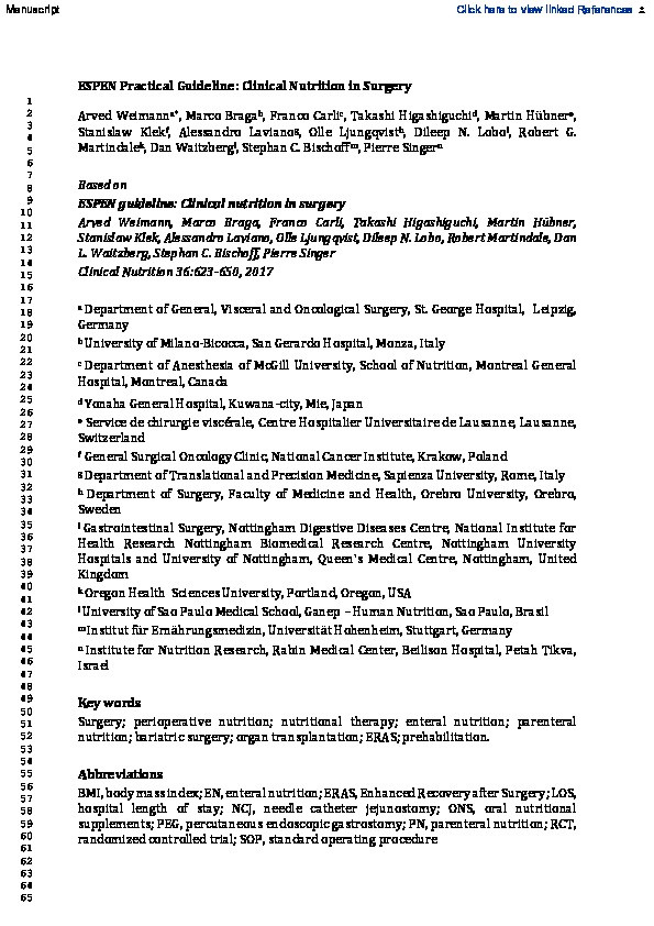 ESPEN practical guideline: Clinical nutrition in surgery Thumbnail