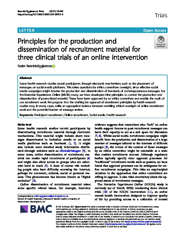 Principles for the production and dissemination of recruitment material for three clinical trials of an online intervention Thumbnail