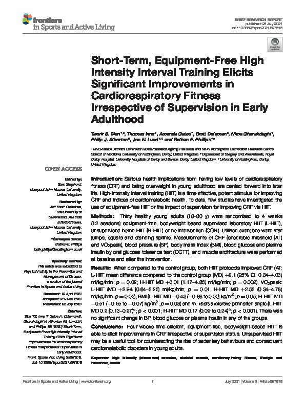 Short-term, equipment-free high intensity interval training elicits significant improvements in the cardiorespiratory fitness of young adults irrespective of supervision Thumbnail