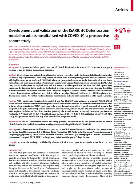 Development and validation of the ISARIC 4C Deterioration model for adults hospitalised with COVID-19: a prospective cohort study Thumbnail
