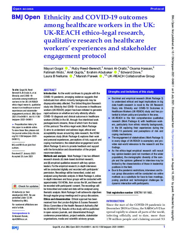 Ethnicity and COVID-19 outcomes among healthcare workers in the UK: UK-REACH ethico-legal research, qualitative research on healthcare workers' experiences and stakeholder engagement protocol Thumbnail