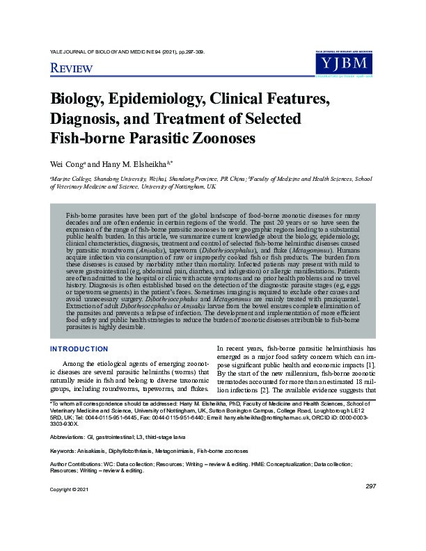 Biology, epidemiology, clinical features, diagnosis, and treatment of selected fish-borne parasitic zoonoses Thumbnail