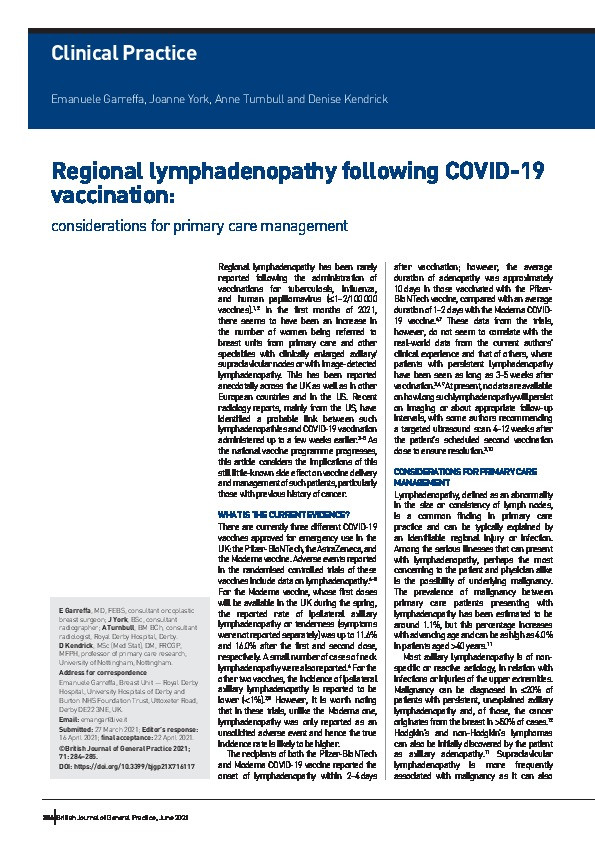 Regional lymphadenopathy following COVID-19 vaccination: considerations for primary care management Thumbnail