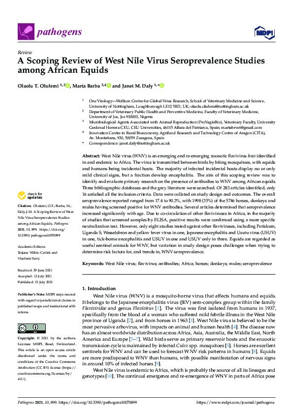 A Scoping Review of West Nile Virus Seroprevalence Studies among African Equids Thumbnail