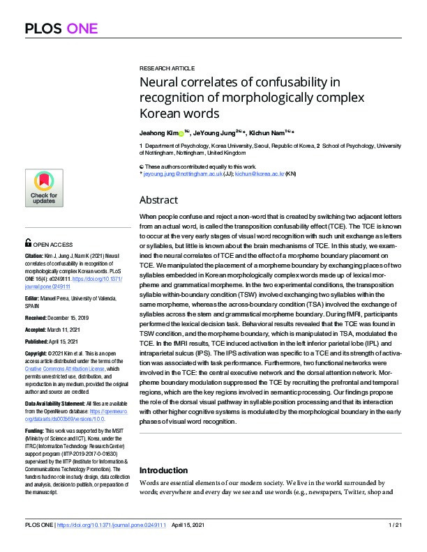 Neural correlates of confusability in recognition of morphologically complex Korean words Thumbnail