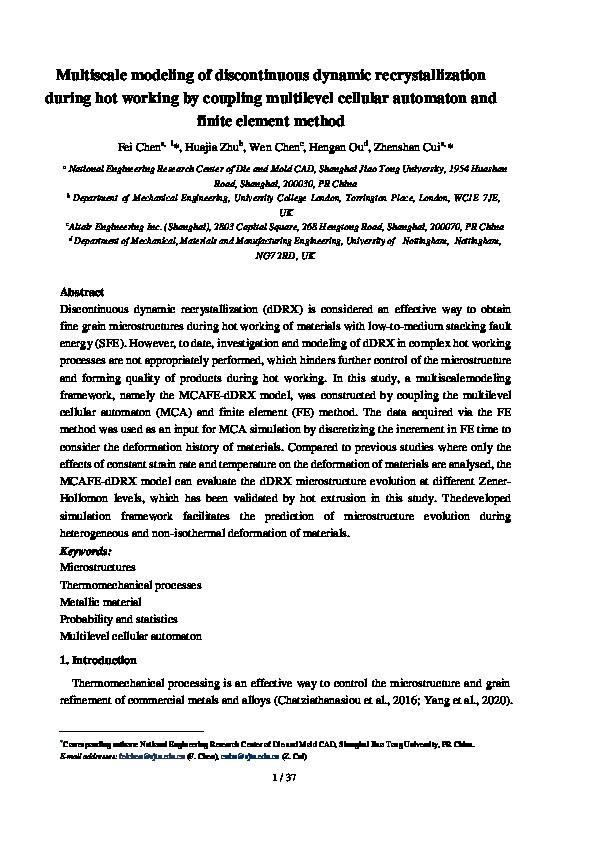 Multiscale modeling of discontinuous dynamic recrystallization during hot working by coupling multilevel cellular automaton and finite element method Thumbnail