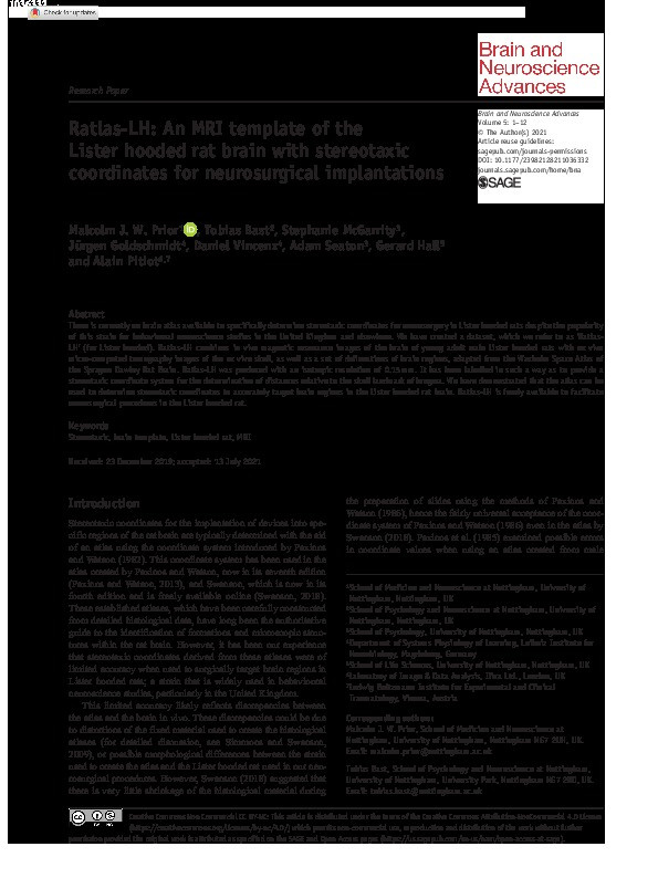 Ratlas-LH: An MRI template of the Lister hooded rat brain with stereotaxic coordinates for neurosurgical implantations Thumbnail