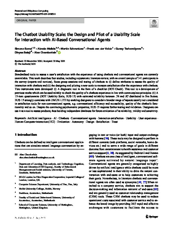 The Chatbot Usability Scale: the Design and Pilot of a Usability Scale for Interaction with AI-Based Conversational Agents Thumbnail