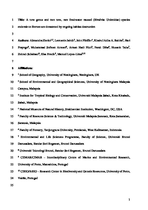 A new genus and two new, rare freshwater mussel (Bivalvia: Unionidae) species endemic to Borneo are threatened by ongoing habitat destruction Thumbnail