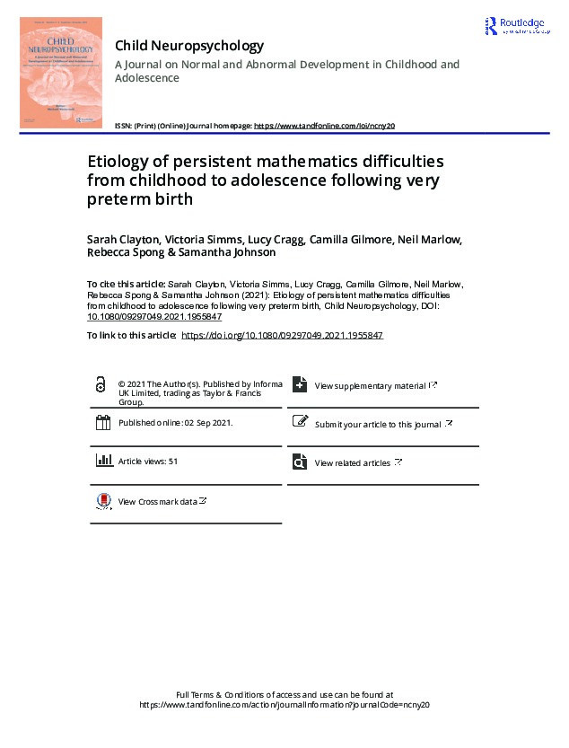 Etiology of persistent mathematics difficulties from childhood to adolescence following very preterm birth Thumbnail