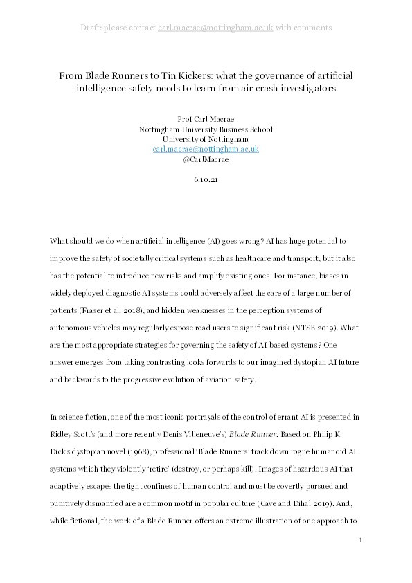 From Blade Runners to Tin Kickers: what the governance of artificial intelligence safety needs to learn from air crash investigators Thumbnail